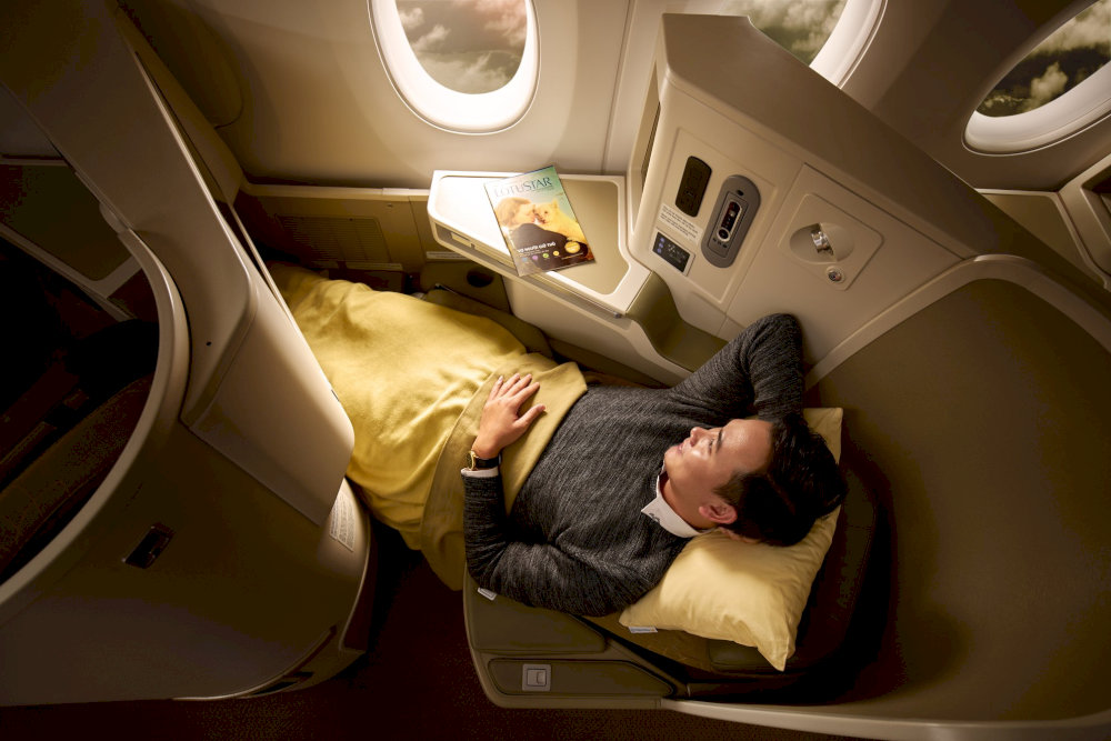 Business Class travellers enjoy the luxury of fully flat beds throughout the entire flight